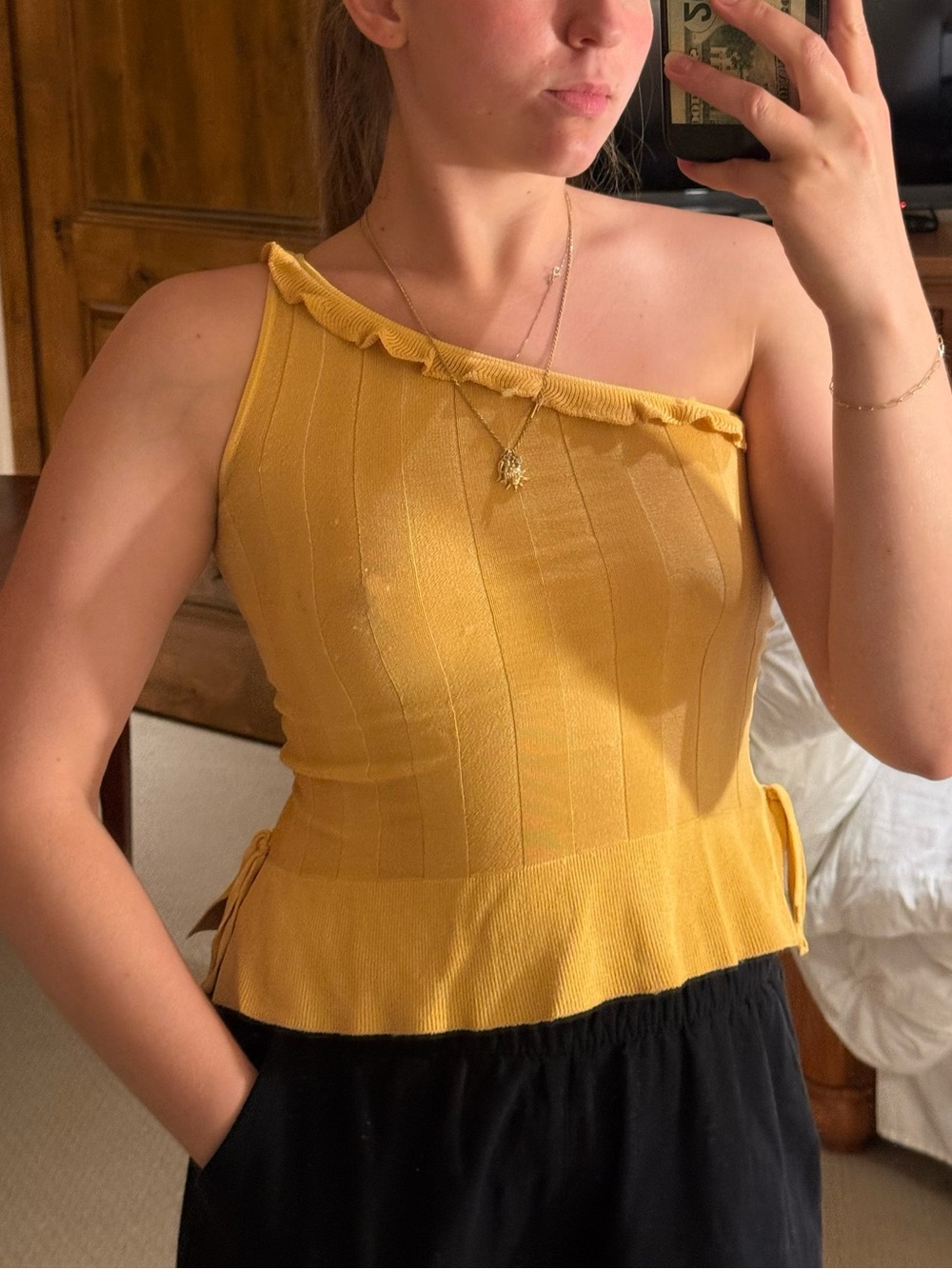 Dolce & Gabbana One-Shoulder Ruffled Knit Camisole - Yellow